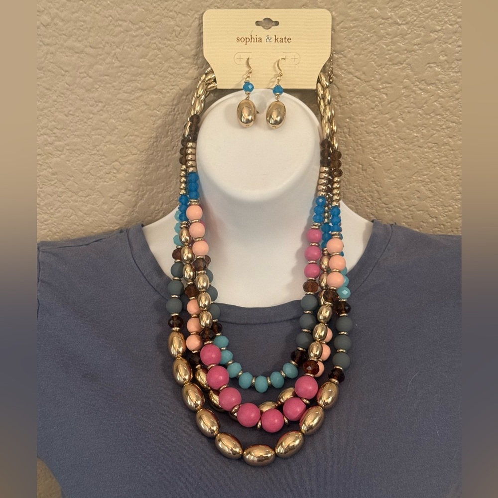 NWT Sophia & Kate Gold and Multicolor Beaded Necklace and Earring Set - Picture 1 of 15